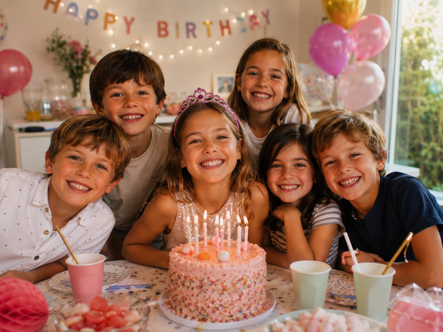 Groupe d’enfants souriants autour d’un gâteau d’anniversaire rose sous une guirlande « Happy Birthday »