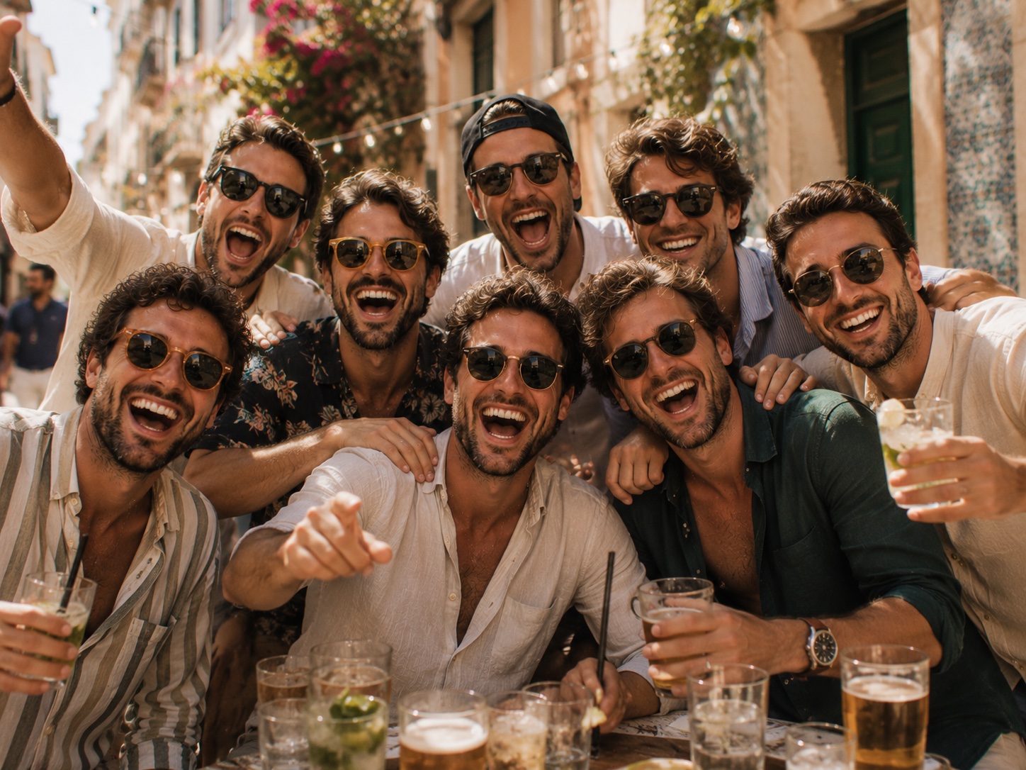 Bande d’amis hilares qui trinquent en terrasse pendant l’enterrement de vie de garçon