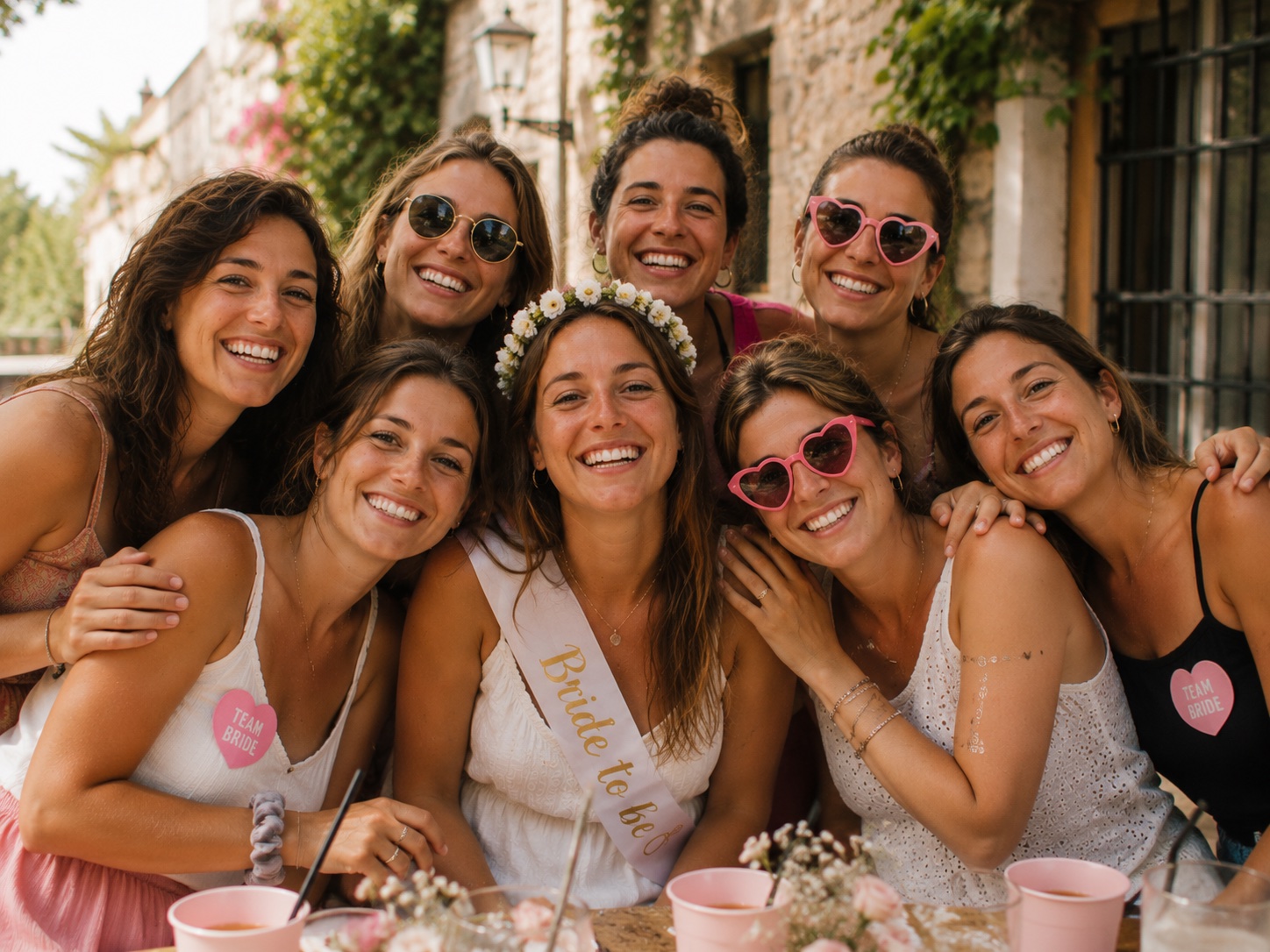 La future mariée entourée de sa team bride, sourires et lunettes en cœur en terrasse