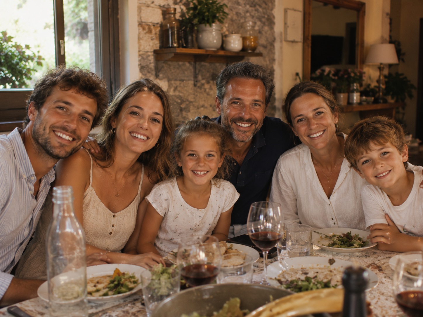 Trois générations réunies autour d’un repas de famille, sourires aux lèvres