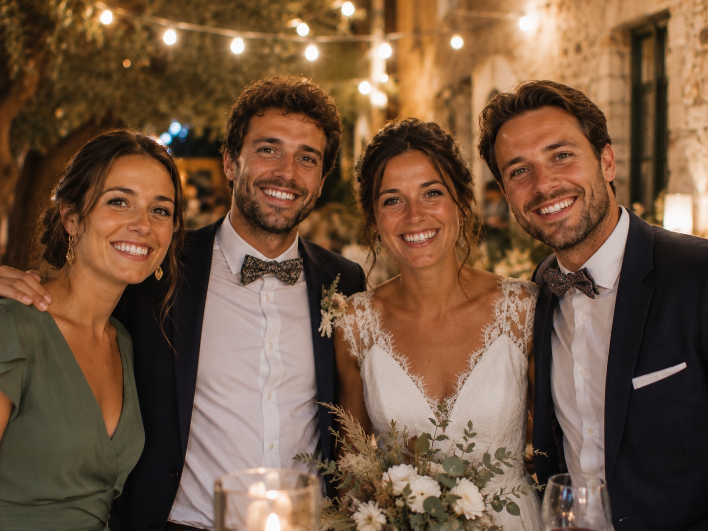 Mariés et invités souriants réunis sous les guirlandes lumineuses pendant la soirée de mariage